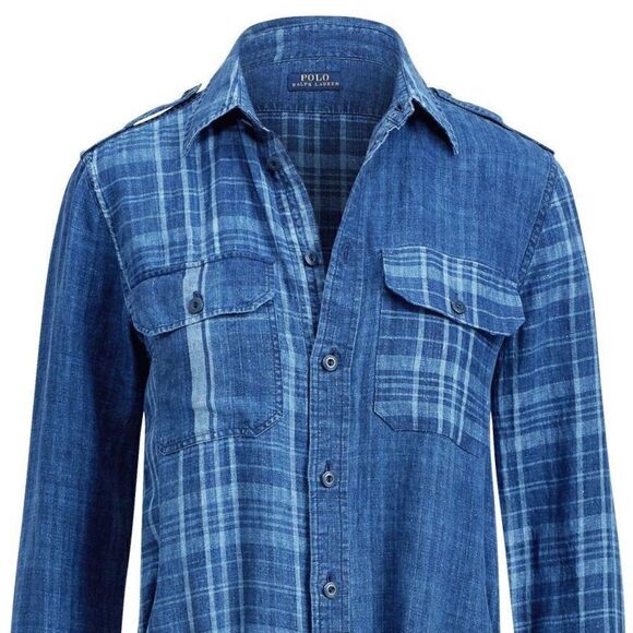 Polo Ralph Lauren Indigo Dyed Blue Plaid Linen Tie Front Sarong Shirt Dress - Picture 15 of 16